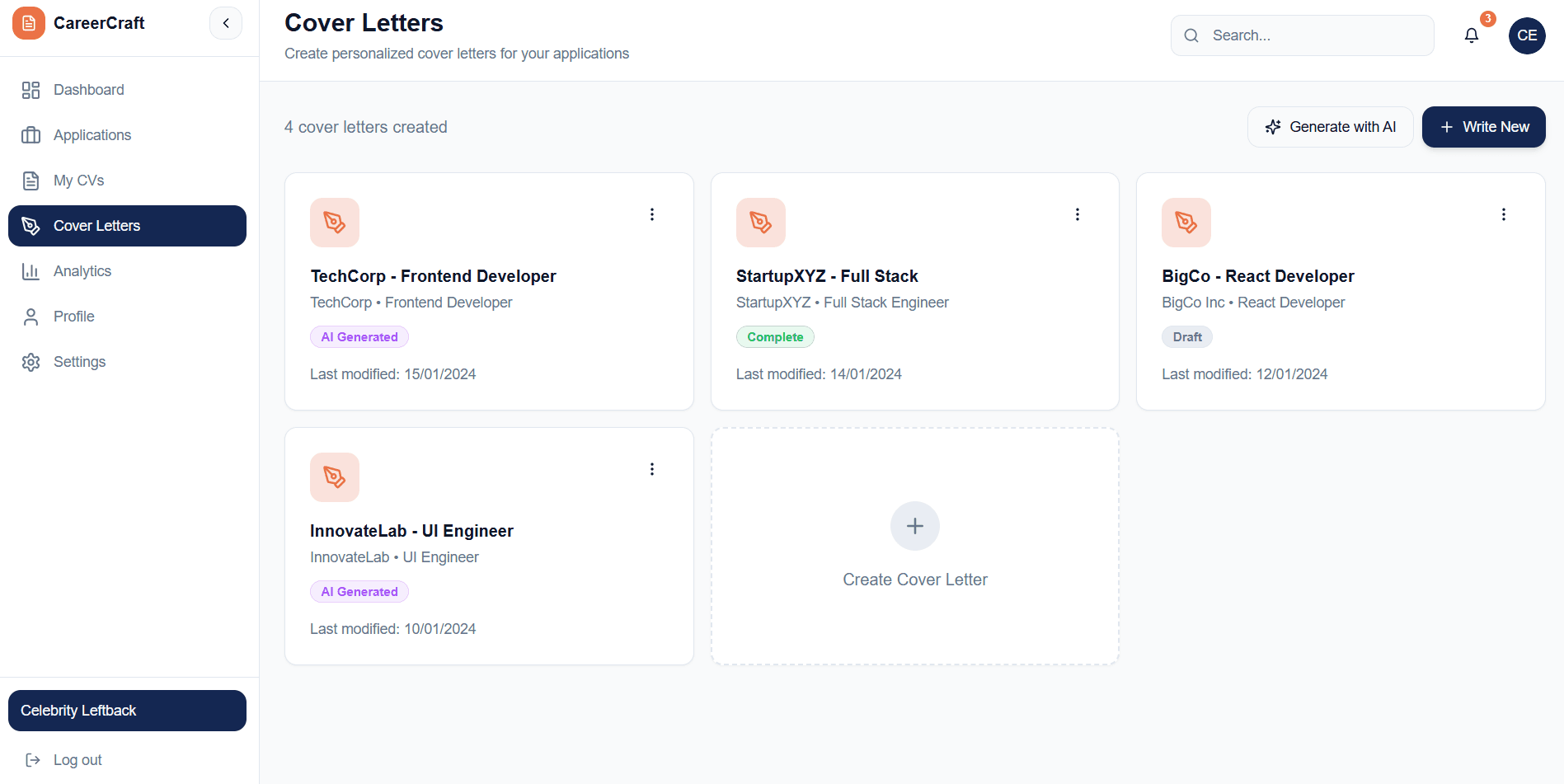 CareerCraft Cover Letters — AI-generated cover letters with AI Generated and Complete status tags.